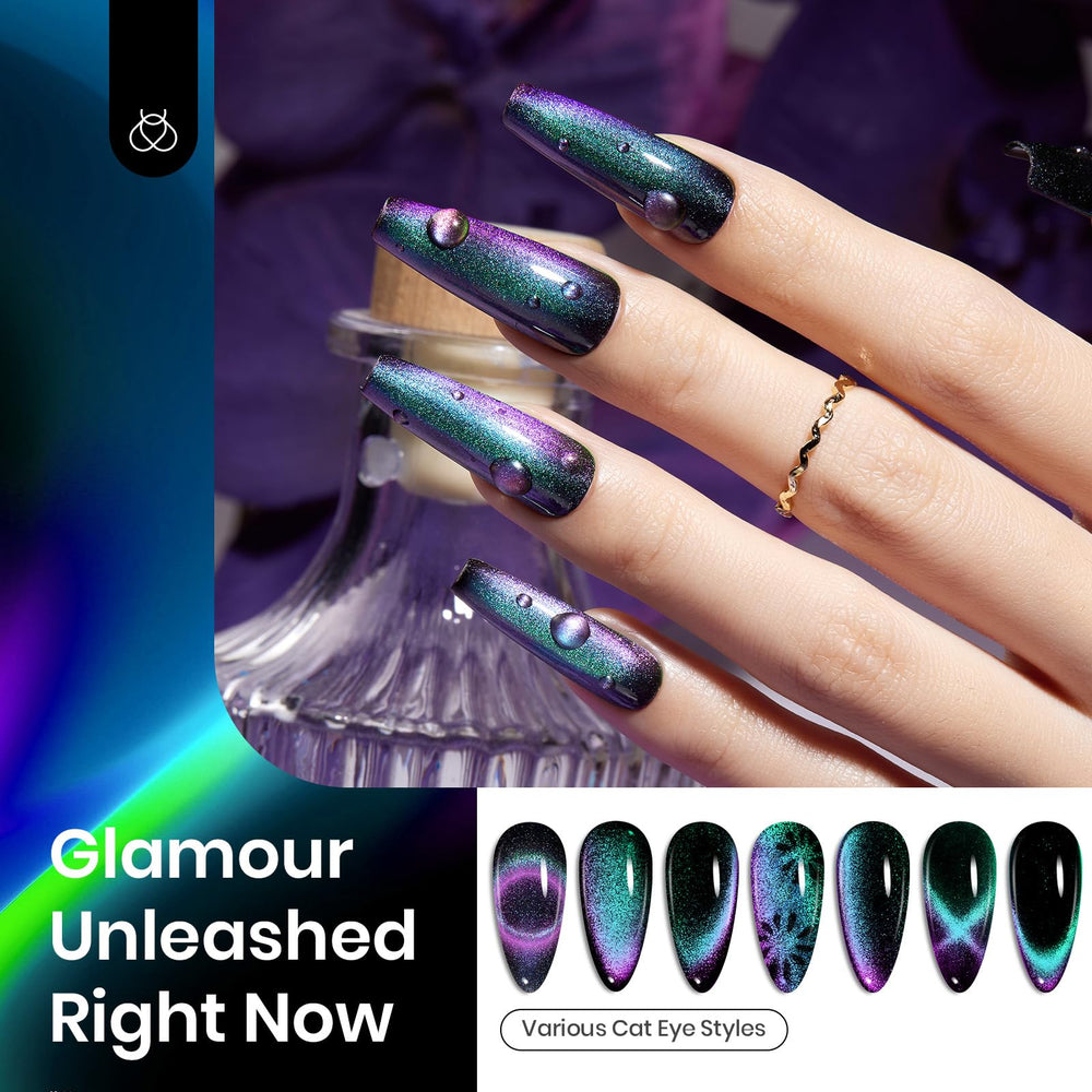 Beetles Chrome Nail Powder on UV gel nails creating a reflective surface