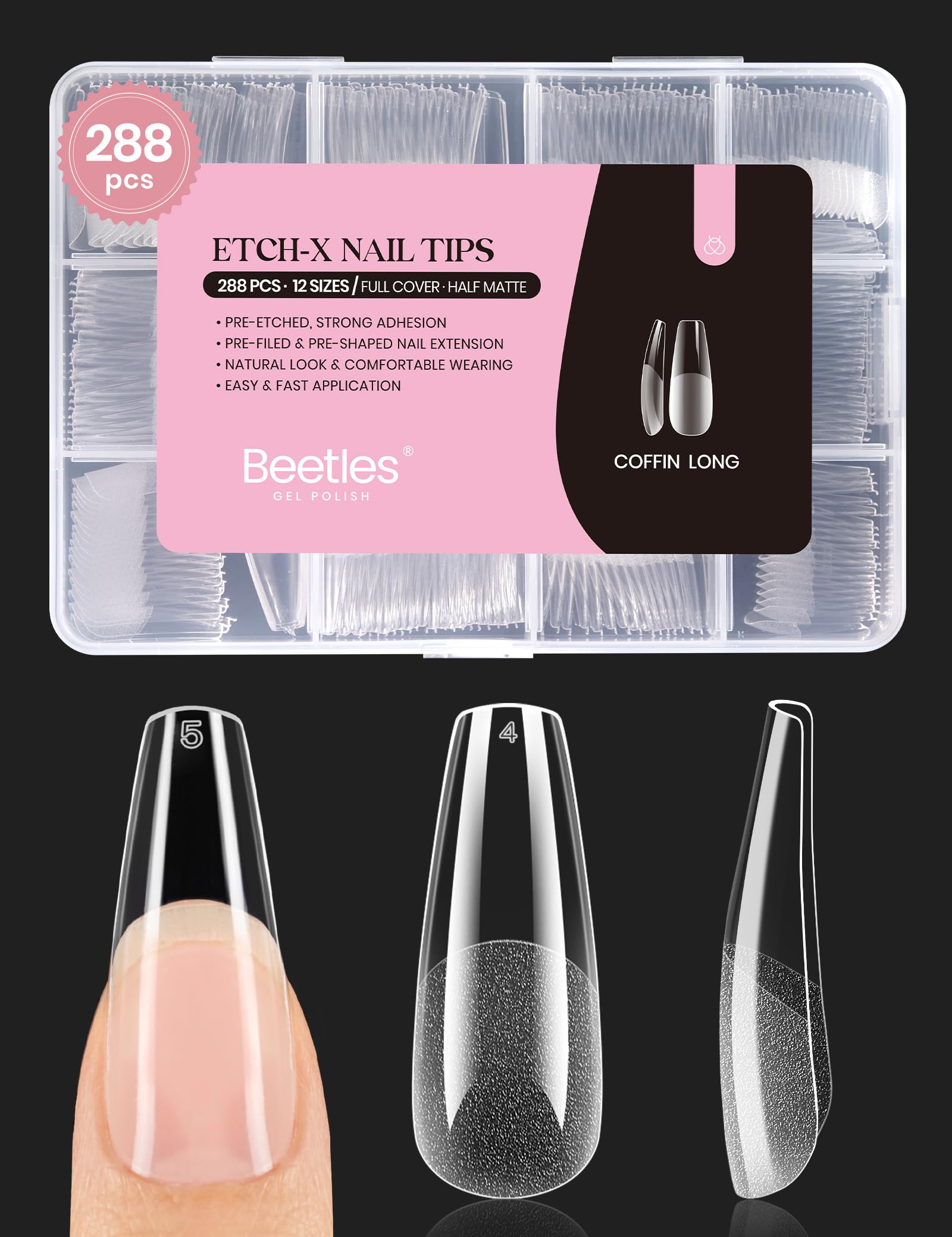 Beetles Coffin Long Gel Nail Tips packed for storage and sale.