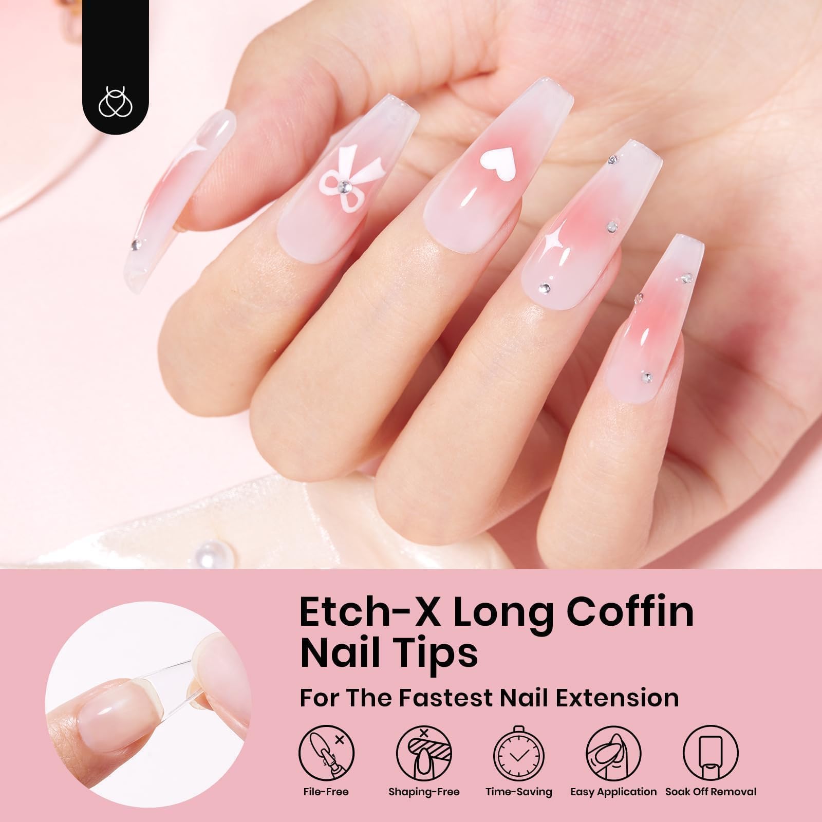 Beetles Coffin Long Gel Nail Tips pre-etched edges for quick adhesion.