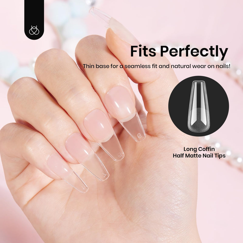 Beetles Coffin Long Gel Nail Tips removal ready with nail drill.