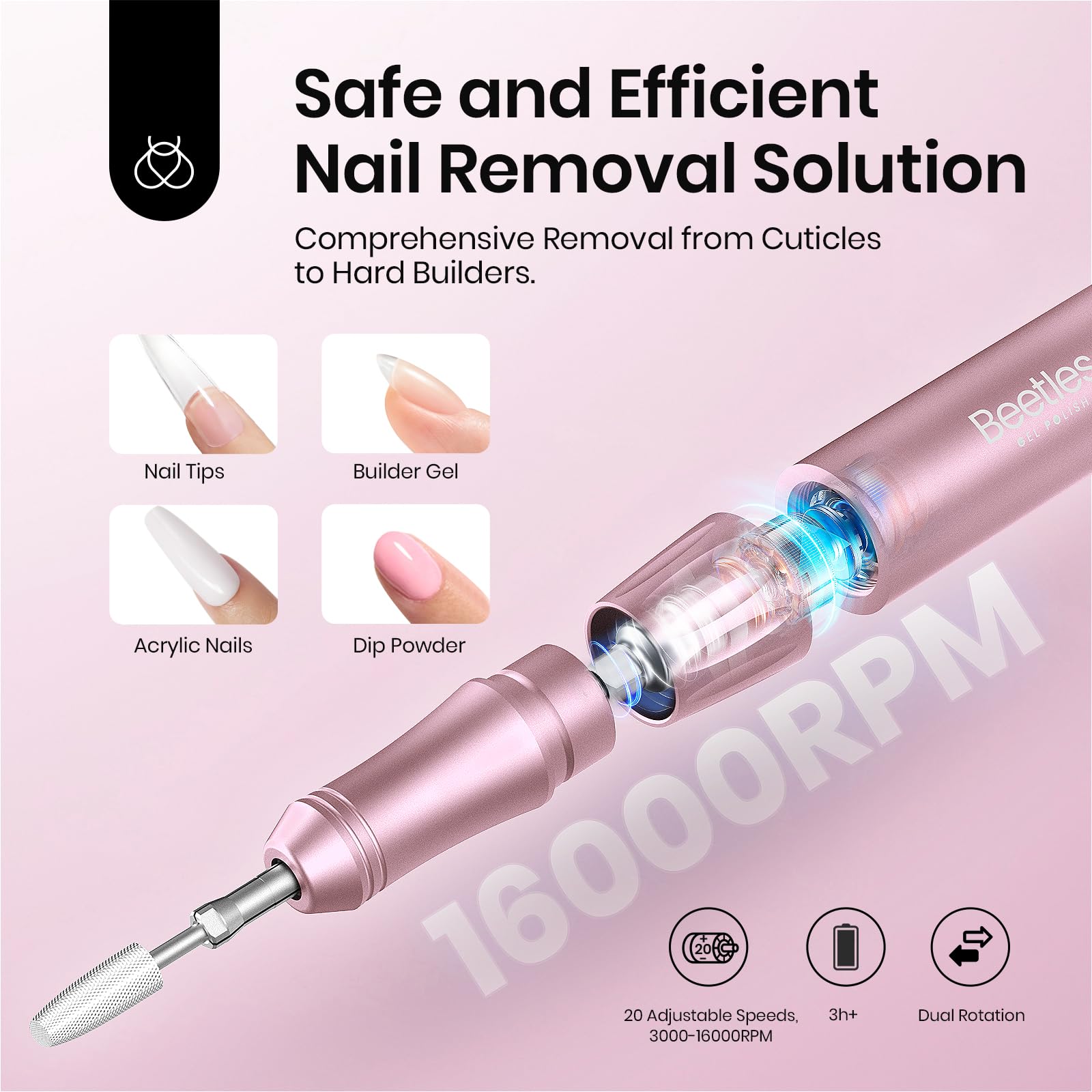 Beetles cordless nail drill rose gold handheld for flexible home use.