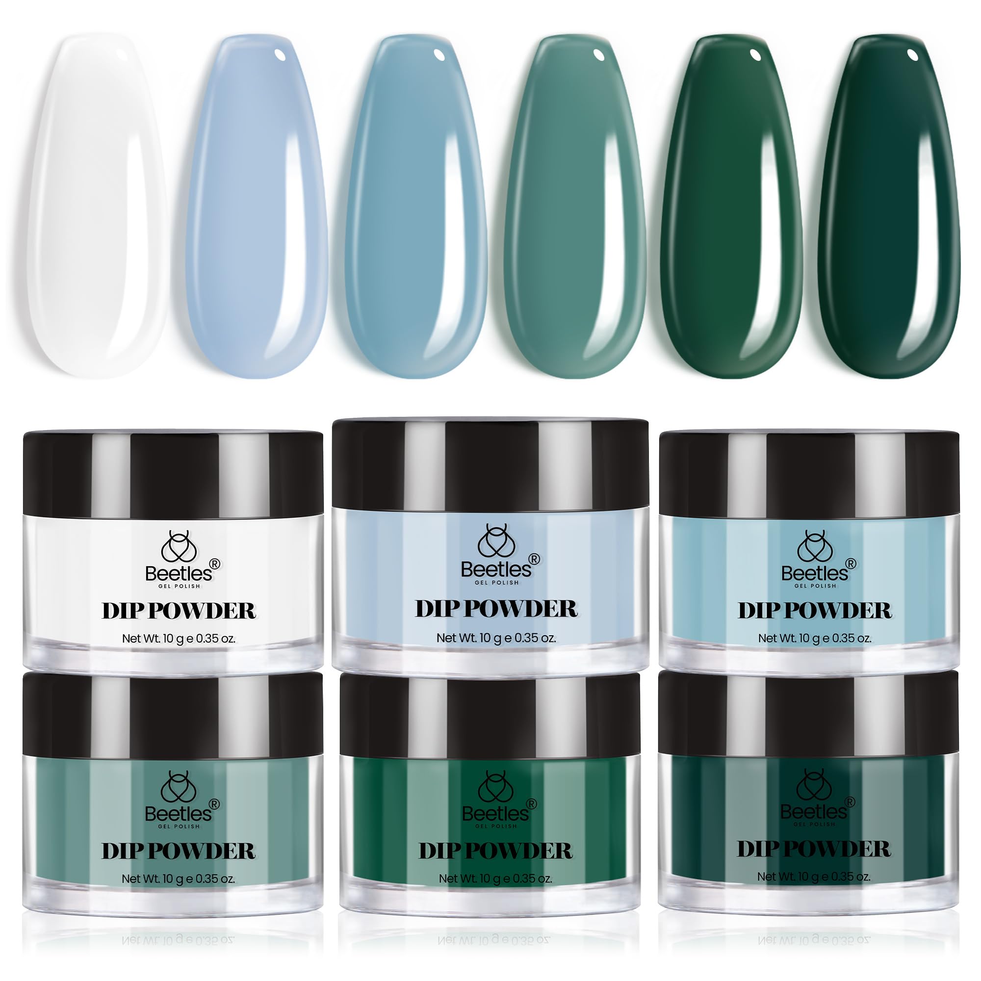 Beetles Dip Powder Nail Kit with six blue-green shades for DIY nail art