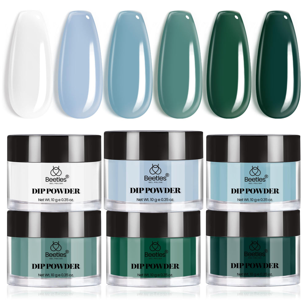 Beetles Dip Powder Nail Kit with six blue-green shades for DIY nail art