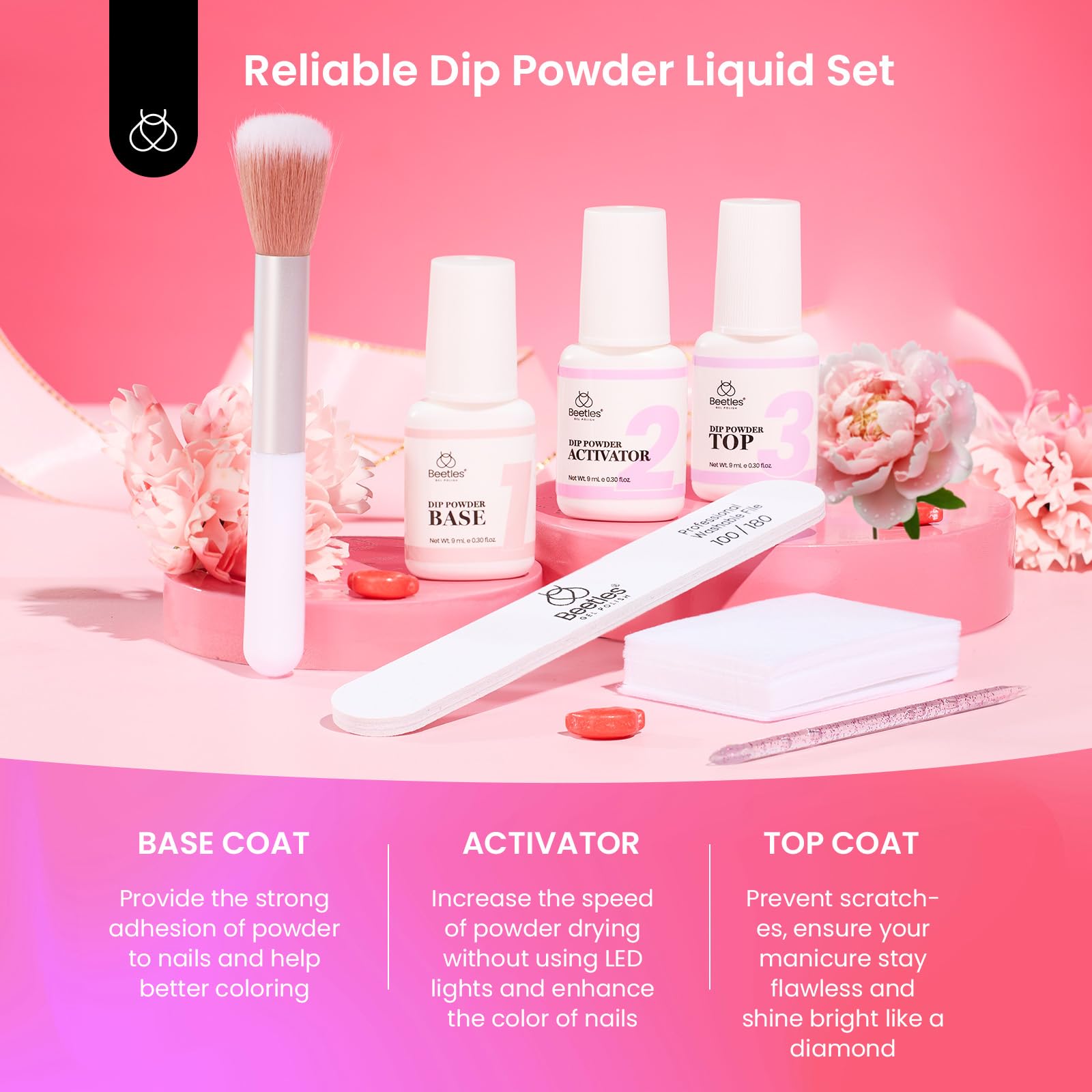 Beetles Dip Powder Nail Kit nail dust brush and remover pads