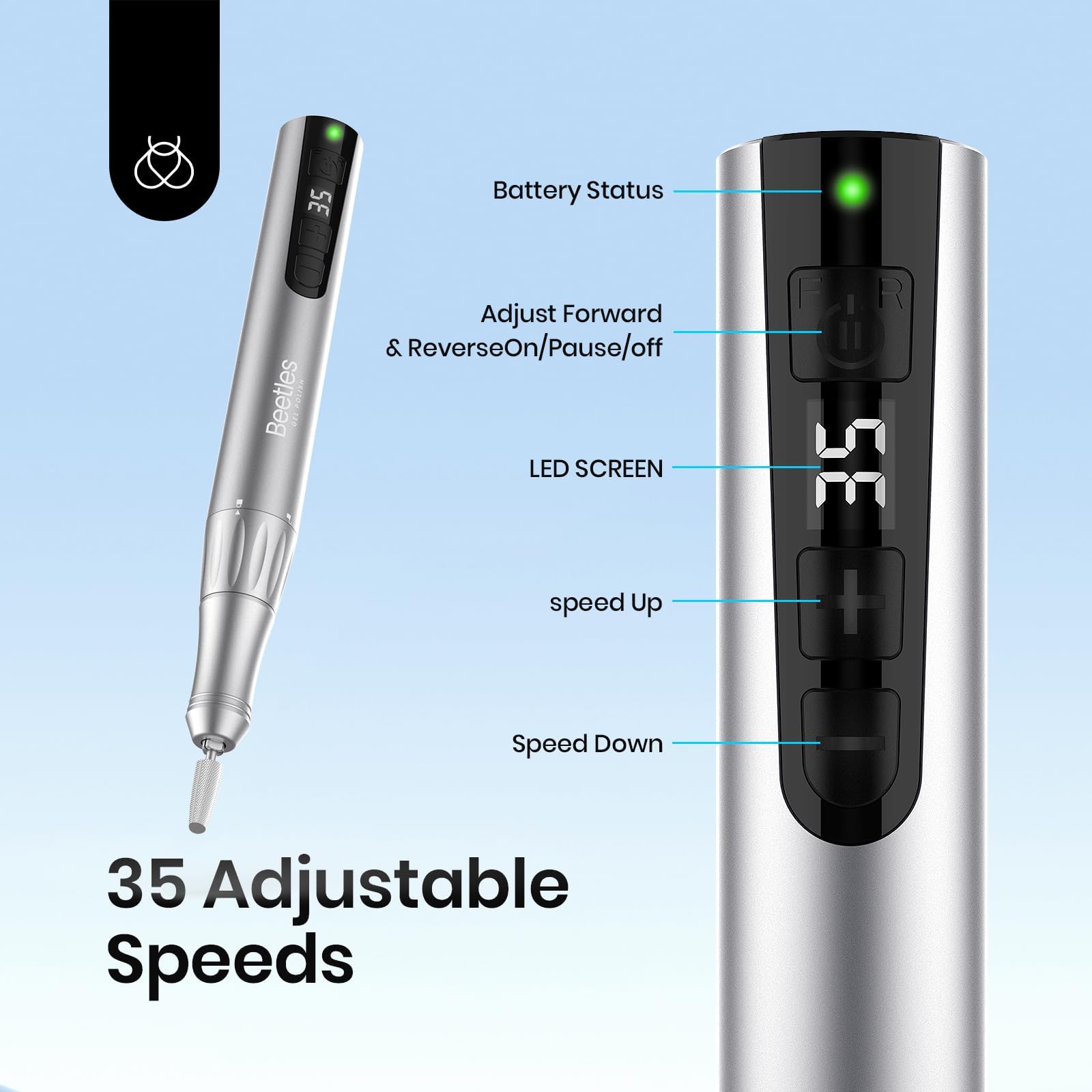 Beetles Electric Nail Drill includes dust brush for cleaner manicure sessions.