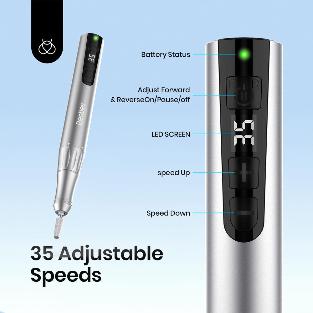 Beetles Electric Nail Drill includes dust brush for cleaner manicure sessions.