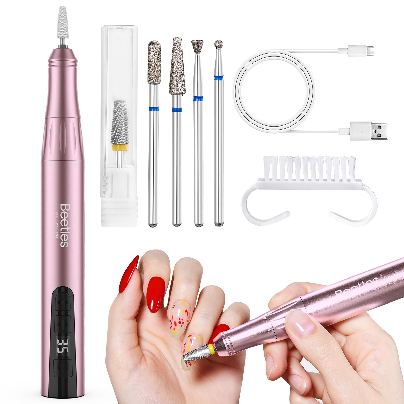 Beetles electric nail drill rose gold assembled for precise nail shaping.