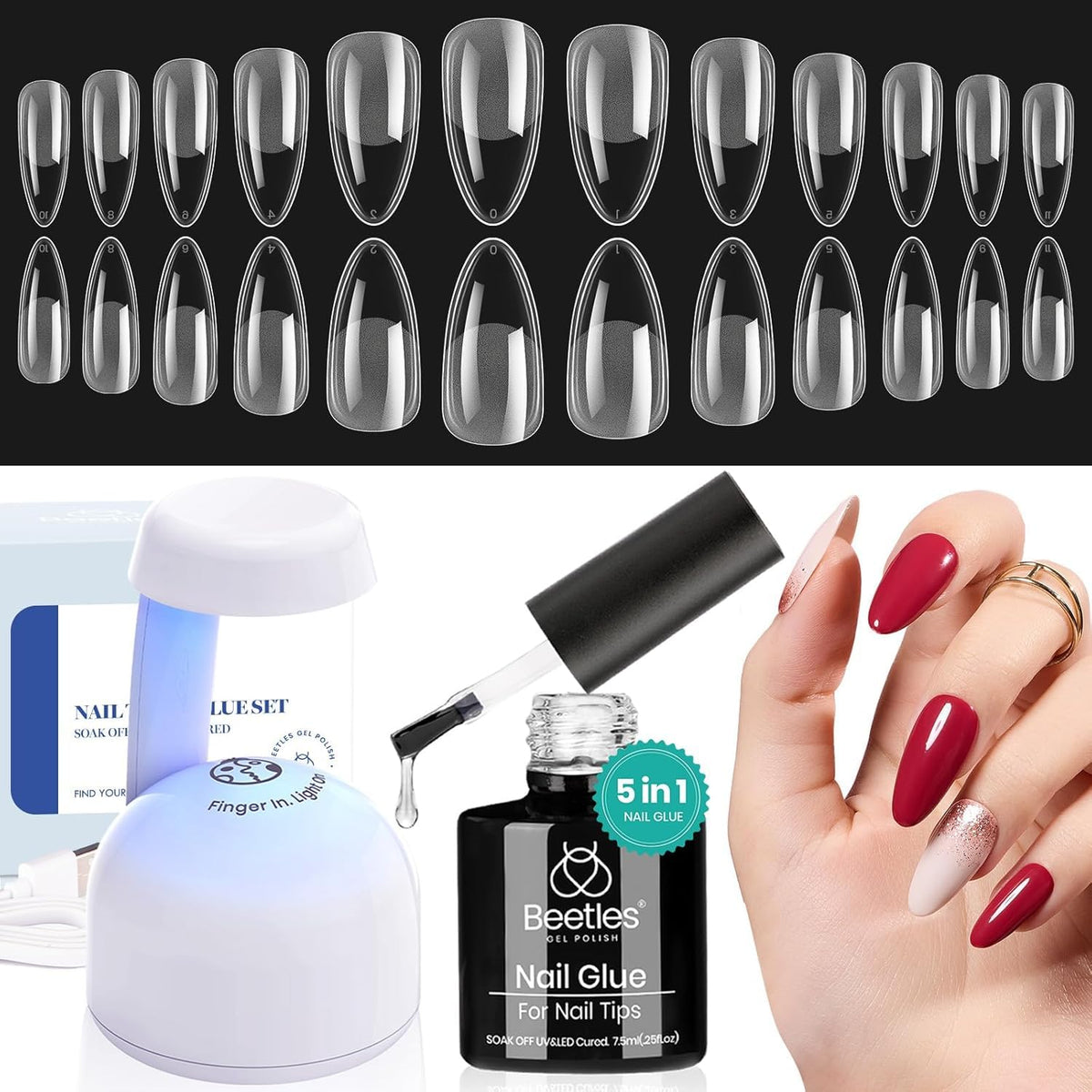 Beetles Etch-X almond medium nail tips with inner matte texture for secure fit.