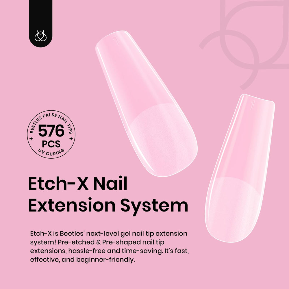 Beetles Etch X nail tips 12-sizes display aids precise fit.