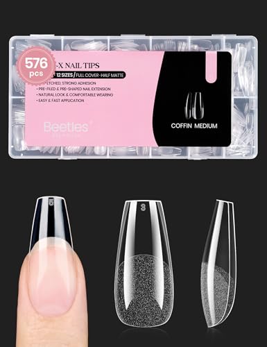 Beetles Etch X nail tips medium coffin closeup for durable long-lasting extensions.