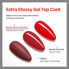 Beetles Extra Glossy Top Coat bottle close-up highlighting shine