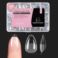 Beetles Extra Short Almond Nail Tips pack front view for quick DIY extensions.