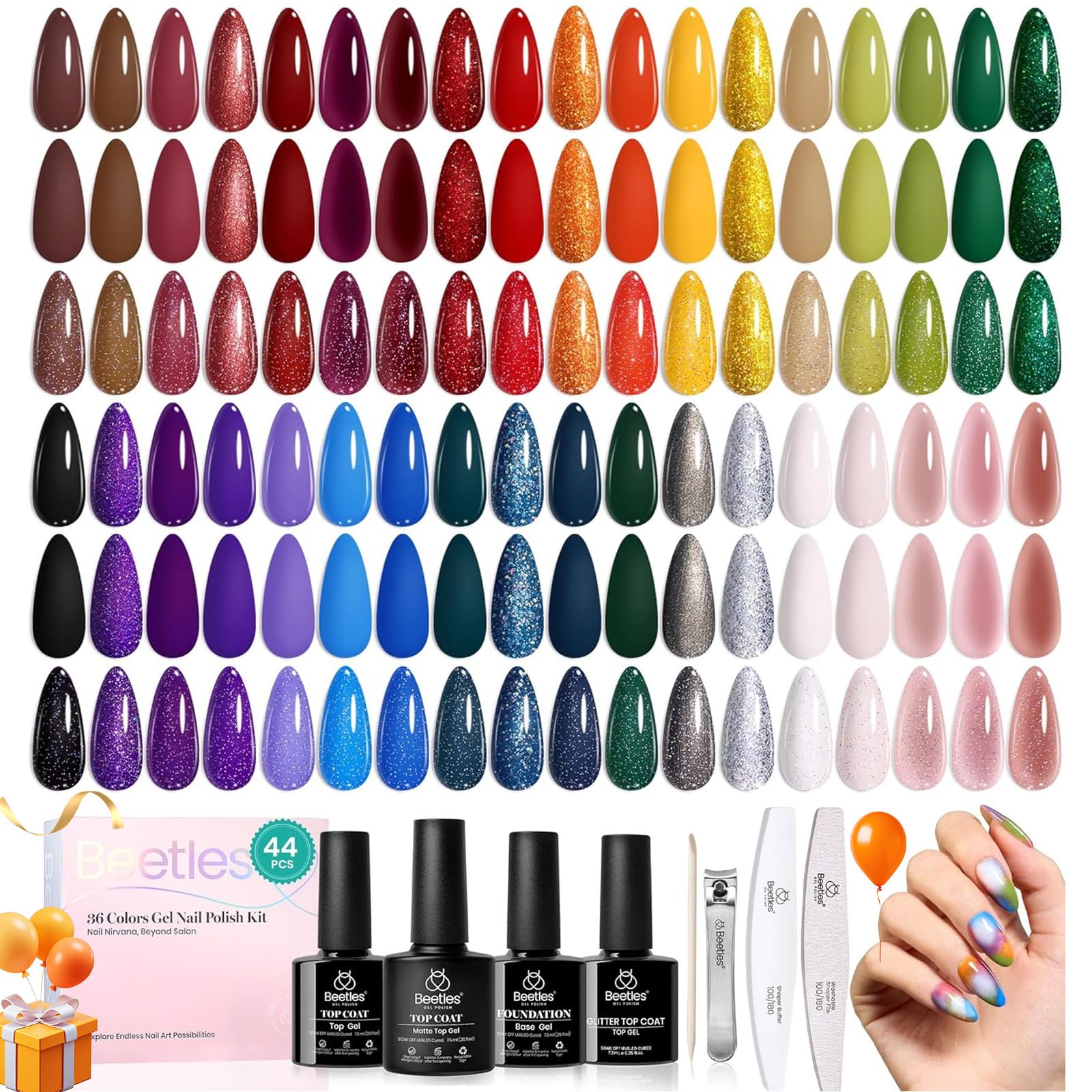 Beetles Fall Gel Nail Kit promo image illustrating 36 colors for versatile looks