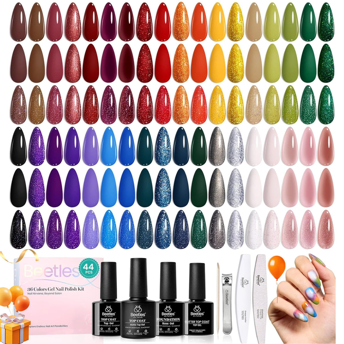 Beetles Fall Gel Nail Kit promo image illustrating 36 colors for versatile looks
