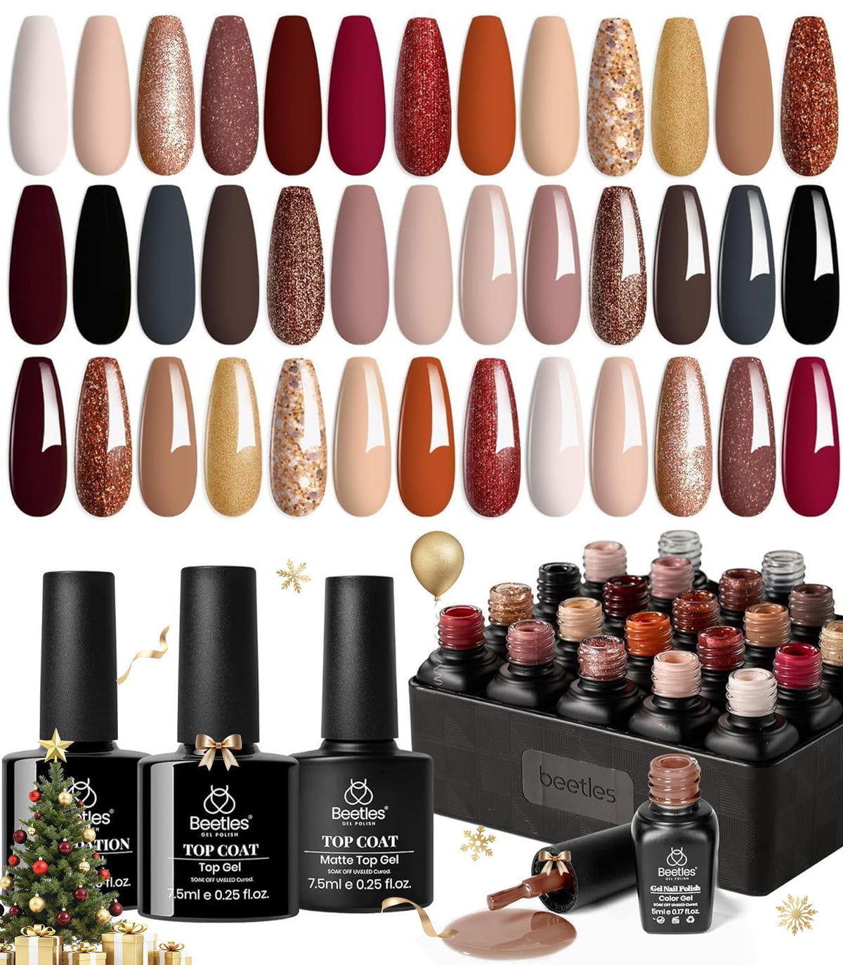 Beetles Fall gel polish bottle-front displays warm fall shades for holiday-ready nails.