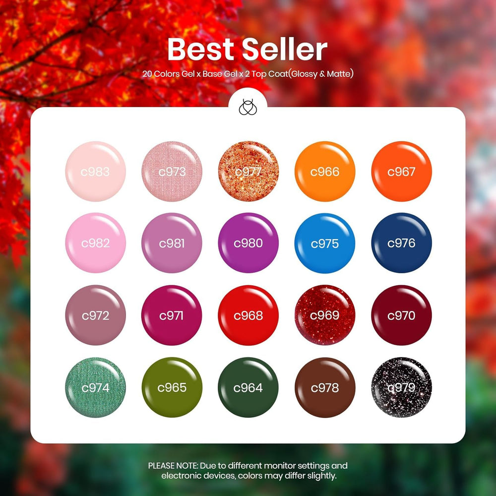 Beetles Fall Gel Nail Polish Set bottle lineup highlights warm oranges to deep burgundies