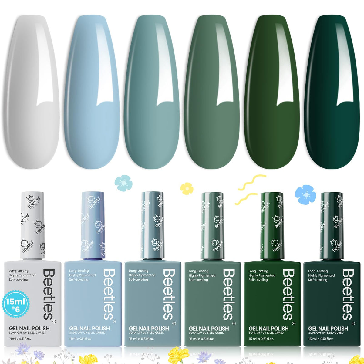 Beetles Fall Gel Nail Polish Set bottle swatches show Misty Gray for chic winter nails.