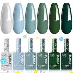 Beetles Fall Gel Nail Polish Set bottle swatches show Misty Gray for chic winter nails.
