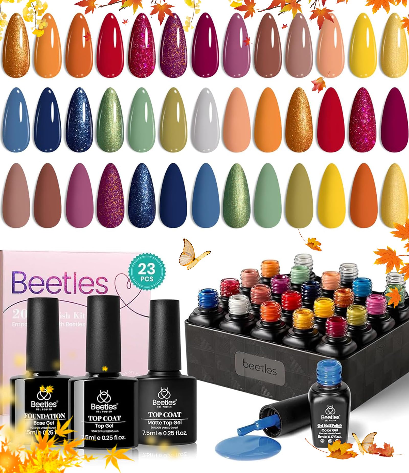 Beetles Fall Gel Polish Set color swatches with 20 autumn shades for long-lasting nails.