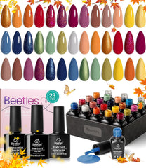Beetles Fall Gel Polish Set color swatches with 20 autumn shades for long-lasting nails.