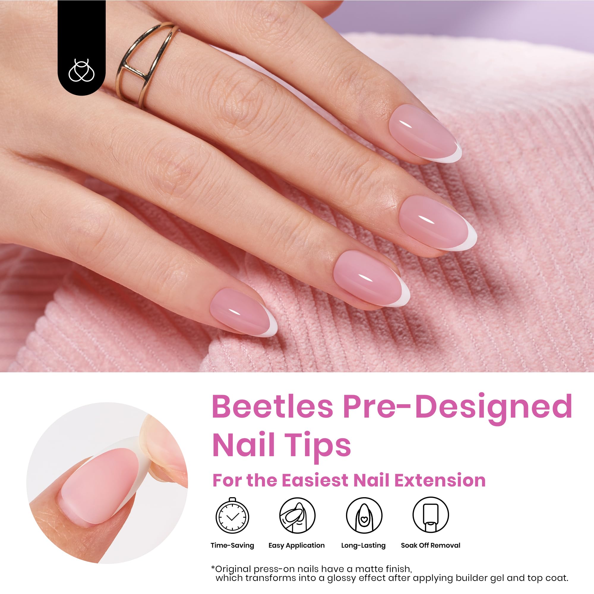 Beetles French Tips 224-piece pack offers 16 sizes for quick, customized fit.