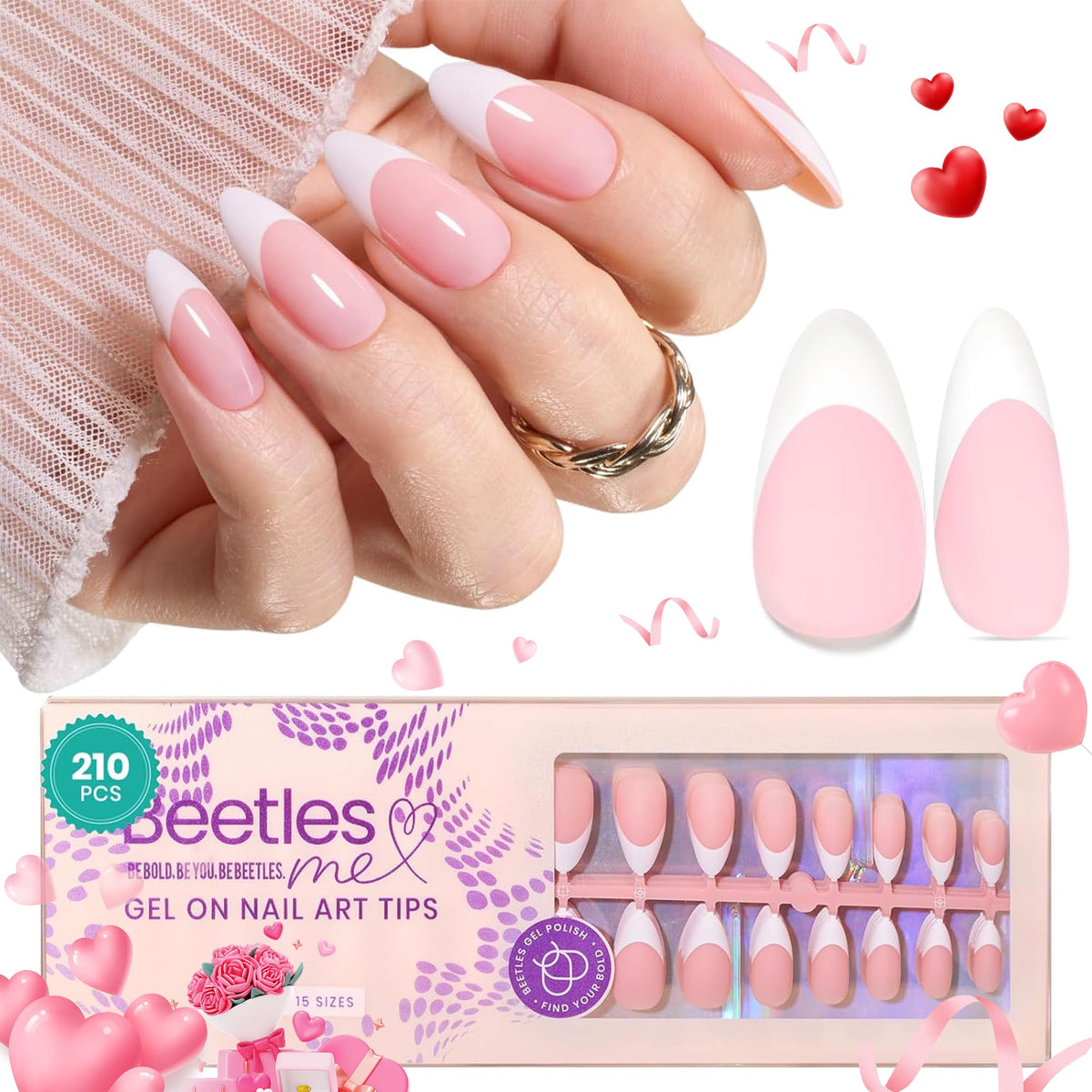 Beetles French Tips press-on nails kit open pack shows full set for quick at-home manicures.