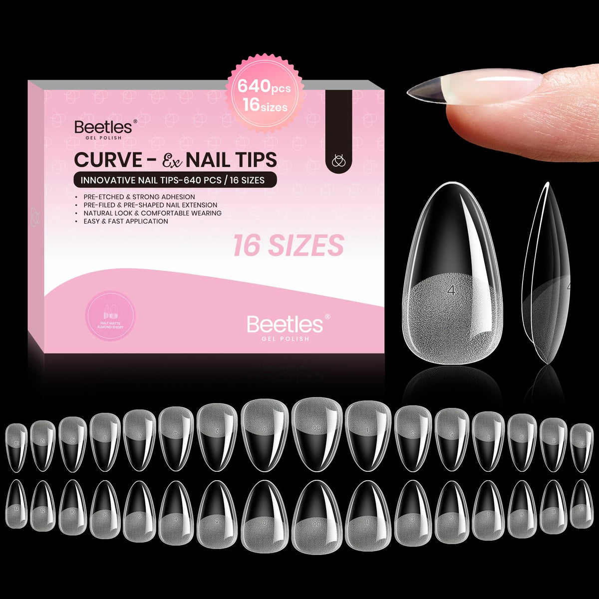 Beetles Gel Almond Nail Tips Curve-EX arch deliver durable extensions for curved natural nails