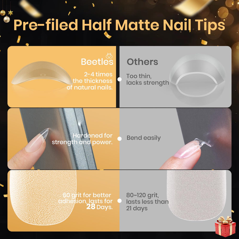 Beetles PMMA half-matte tips highlighted for lightweight, durable extensions.