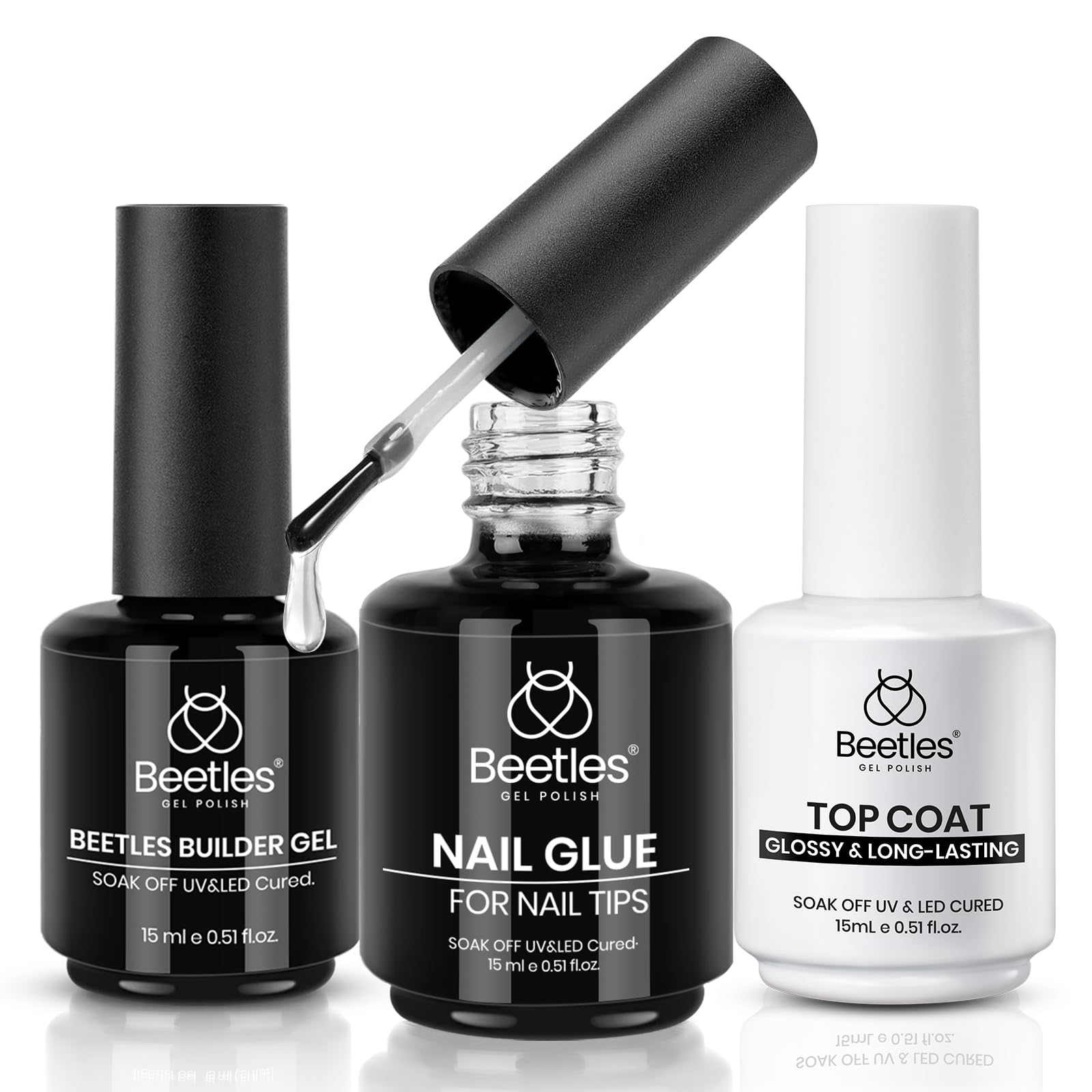 Beetles Gel Nail Glue Kit packaging shows three 15ml bottles for at-home nails.