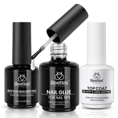 Beetles Gel Nail Glue Kit packaging shows three 15ml bottles for at-home nails.