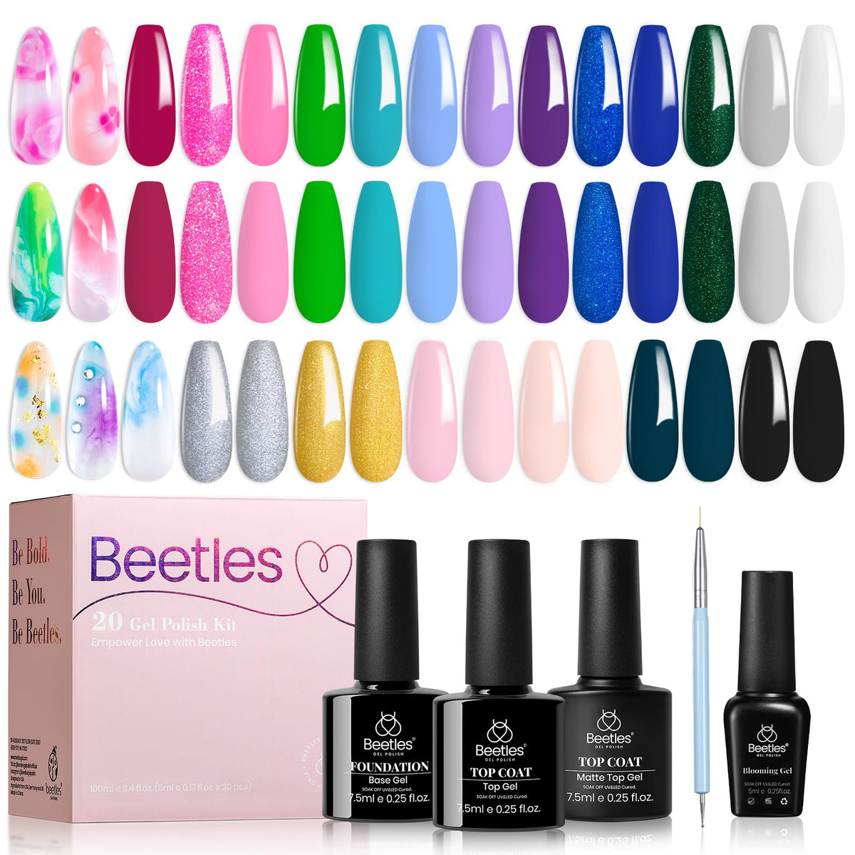 Beetles Gel Nail Polish 19 colors palette showing versatile shades for day-to-night looks