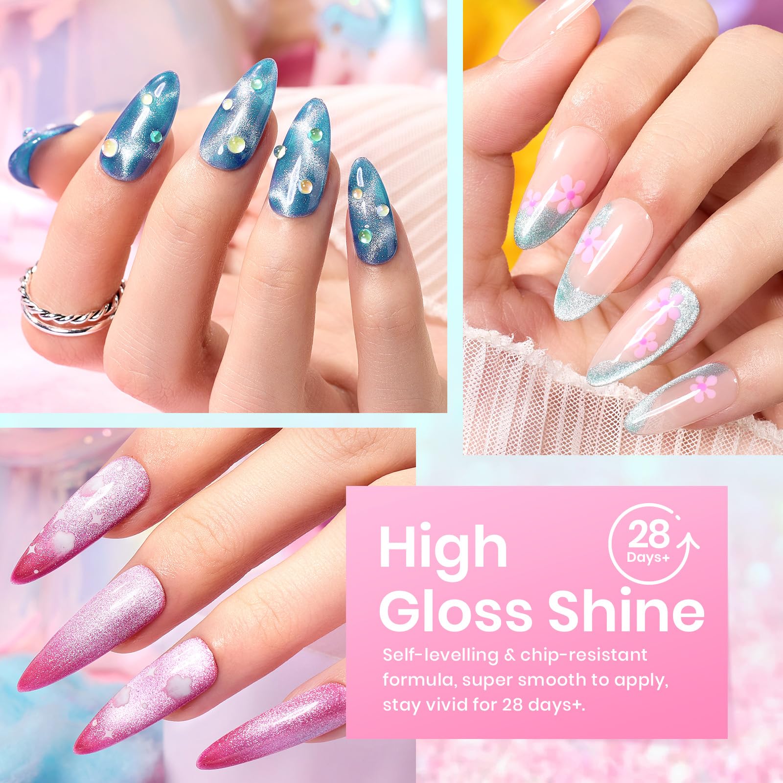 Beetles gel nail polish collection showcases eye-catching metallic glitter finishes.
