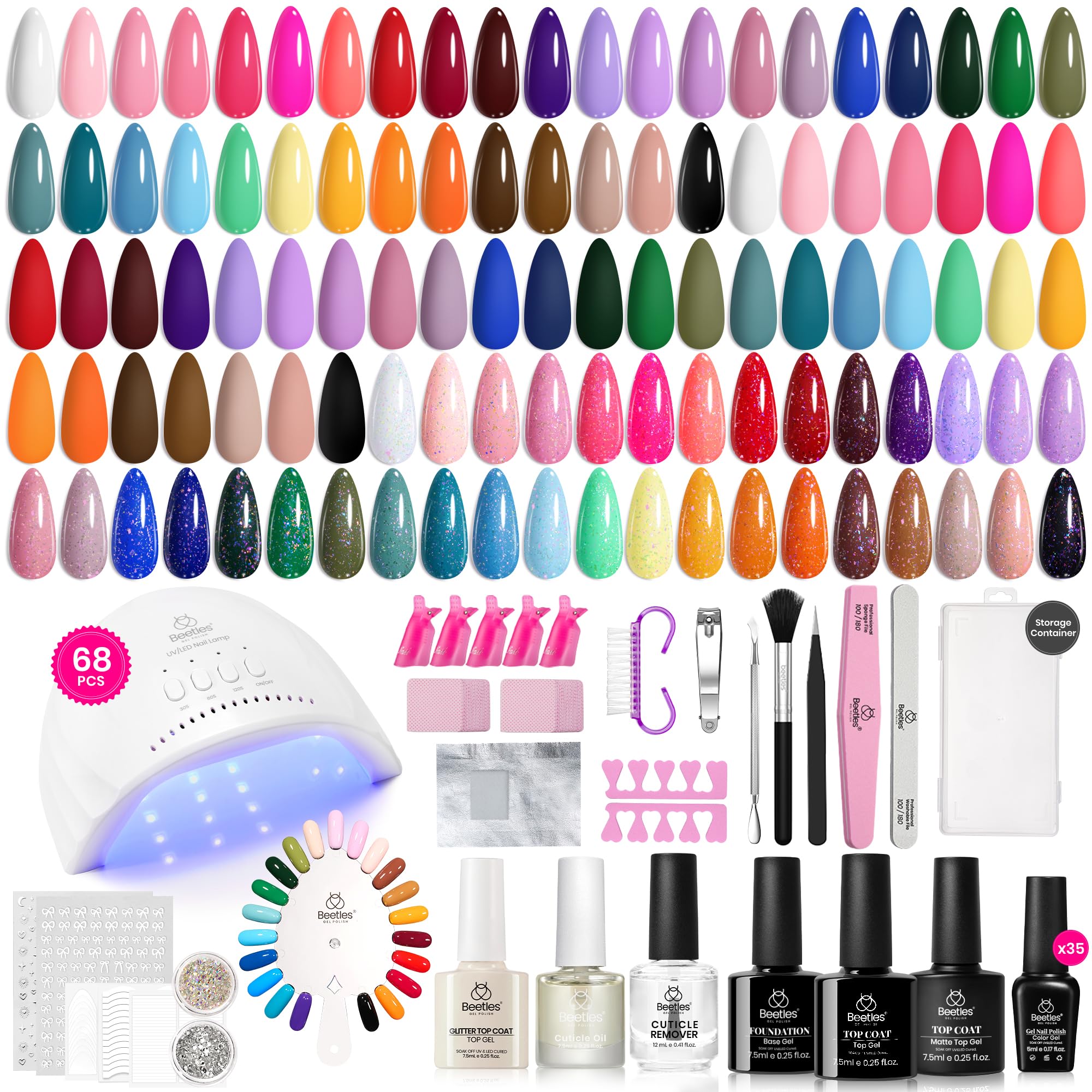 Beetles Gel Nail Polish Kit with 68 colors display for versatile at-home manicures.