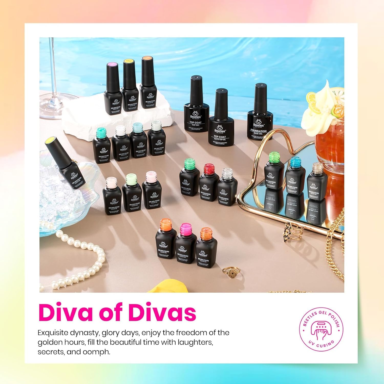 Beetles Gel Nail Polish Set glitter hot-pink bottle emphasizes bold nail art possibilities and festive flair.