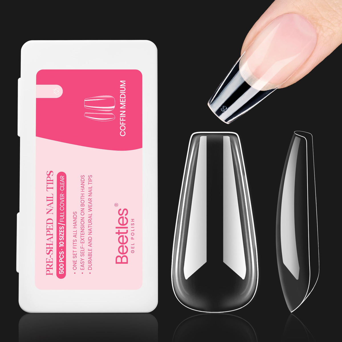Beetles Gel Nail Tips 500pc medium coffin clear full cover for natural-looking nails