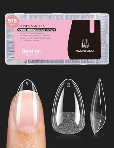 Beetles Gel Nail Tips 576Pcs in packaging for versatile short almond DIY manicures.