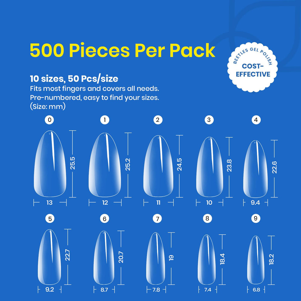 Beetles Gel Nail Tips almond medium 500pcs in hand demonstrates easy sizing and fit