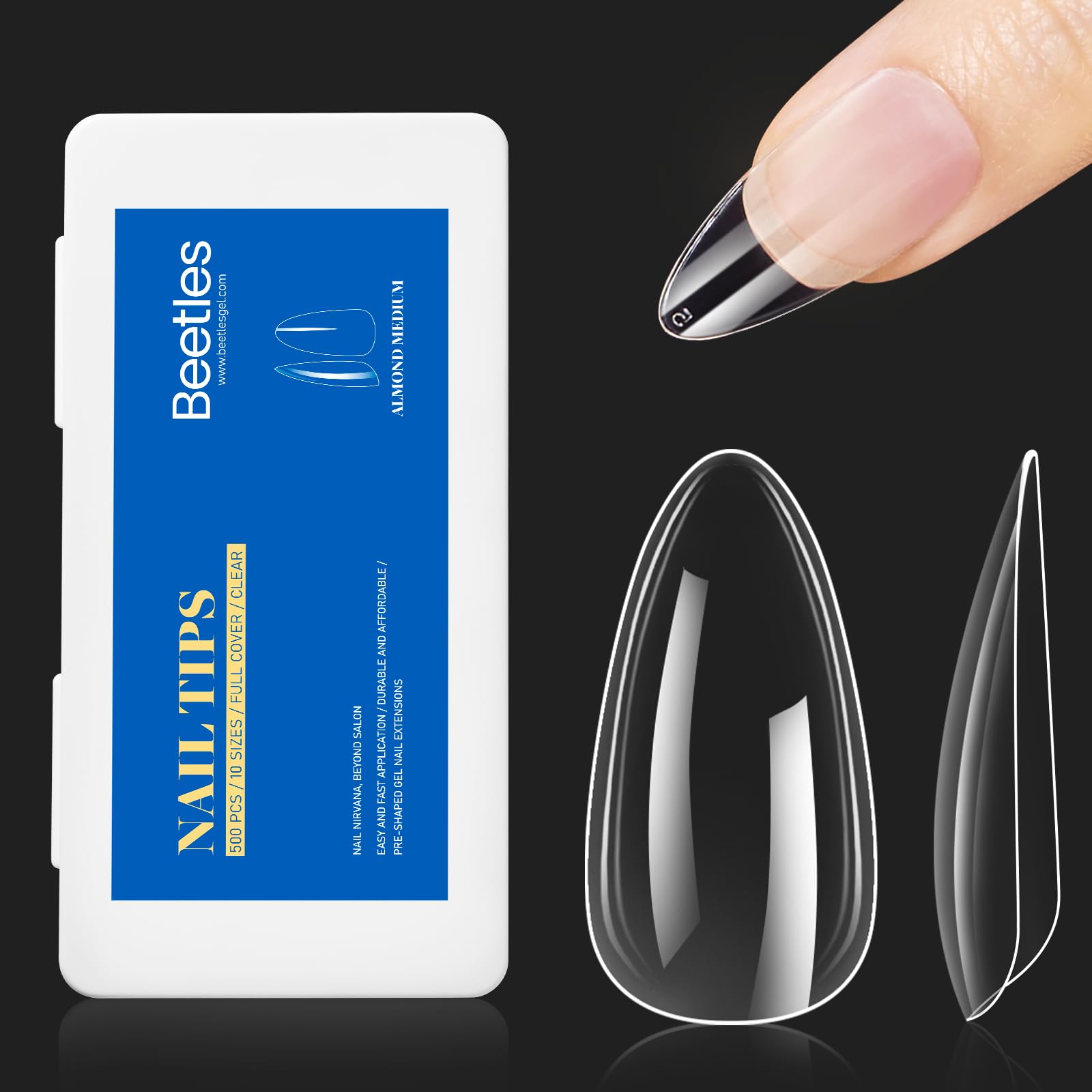 Beetles Gel Nail Tips almond medium packaging shows bulk set for DIY extensions