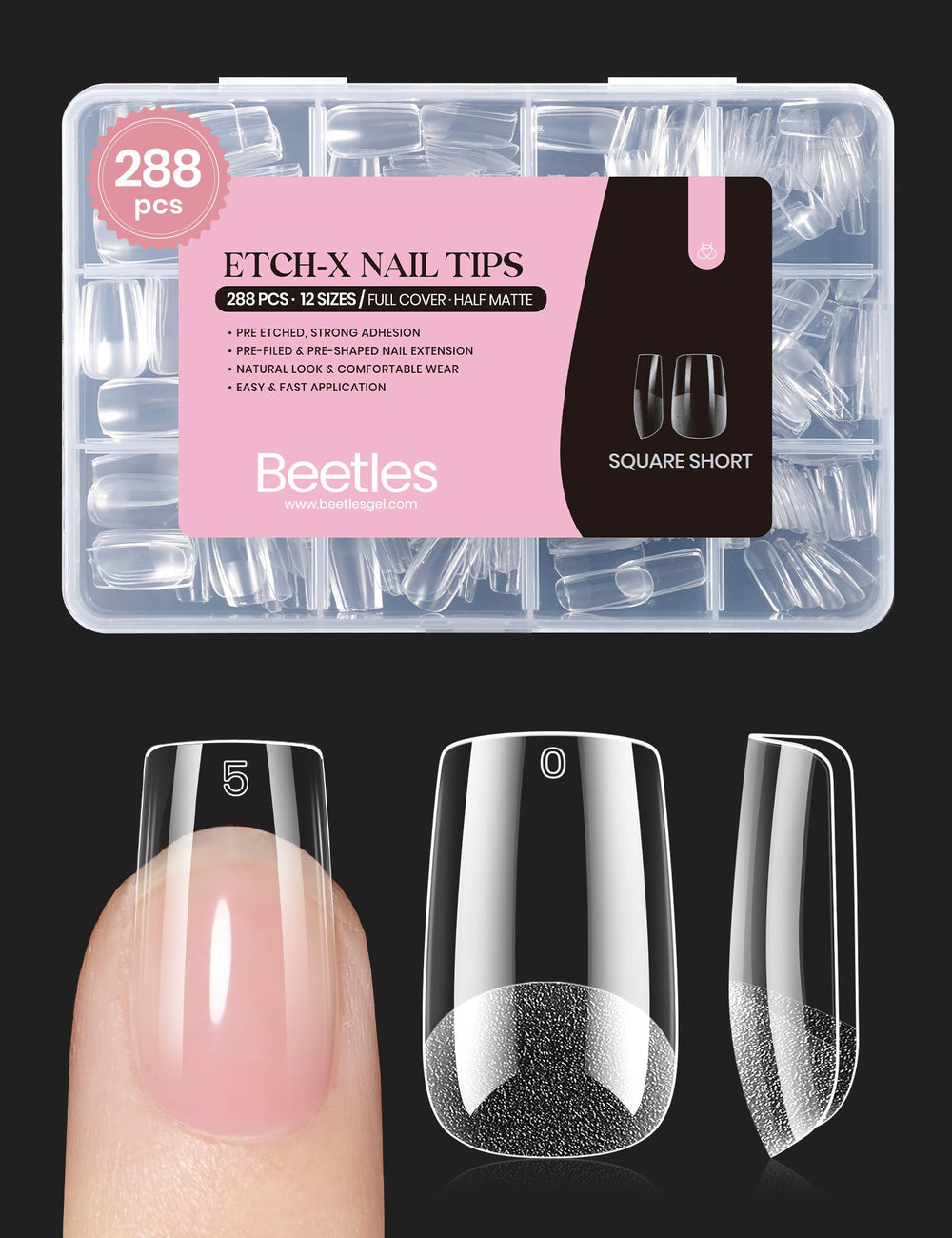 Beetles Gel Nail Tips Etch-X packaging shows premium pre-etched tips for salon-quality nails