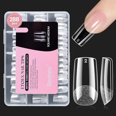 Beetles Gel Nail Tips Etch-X 288-piece pack with 12 sizes, ideal for easy DIY extensions.