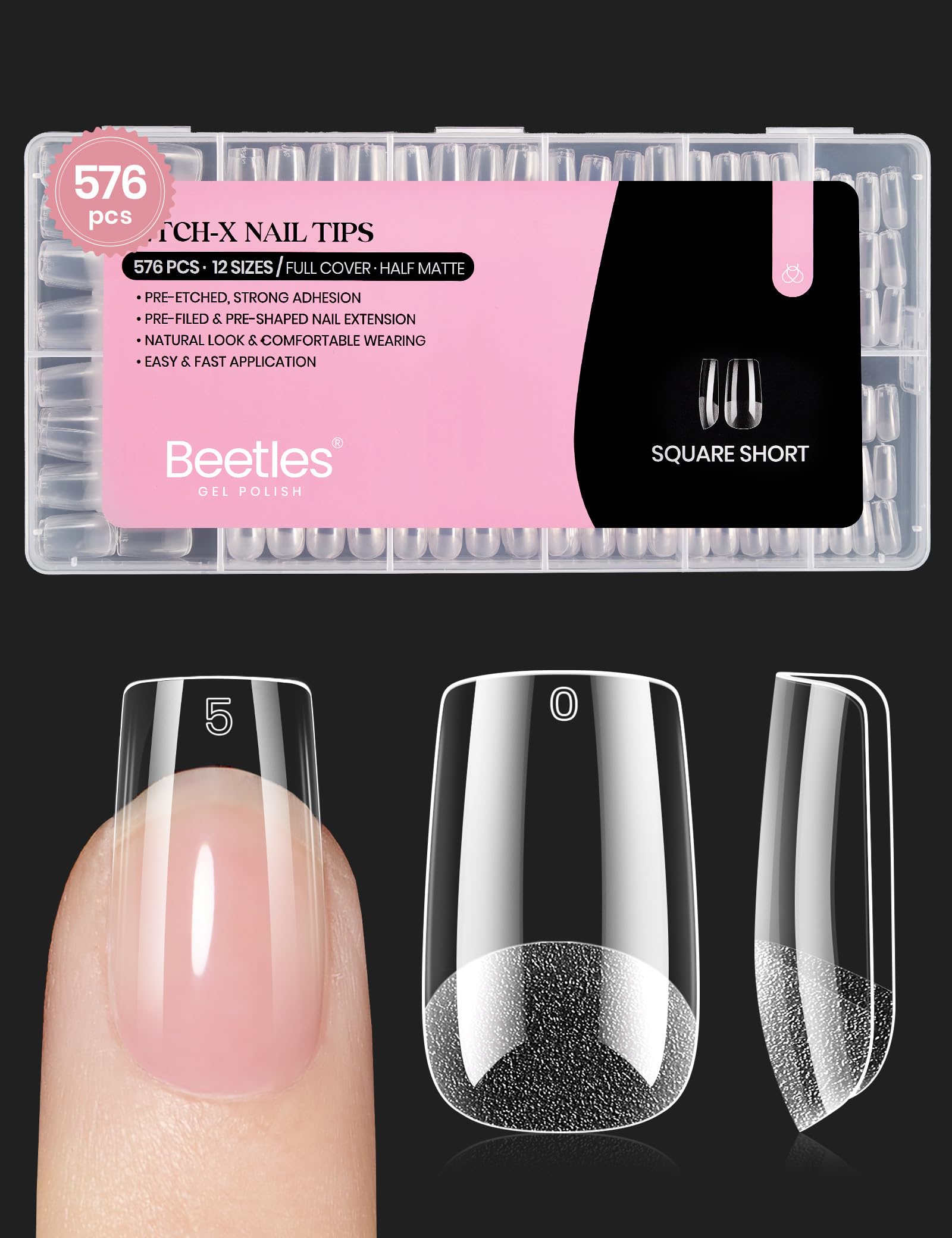 Beetles Gel Nail Tips Etch-X packaging shows a 576-piece set for versatile manicures.