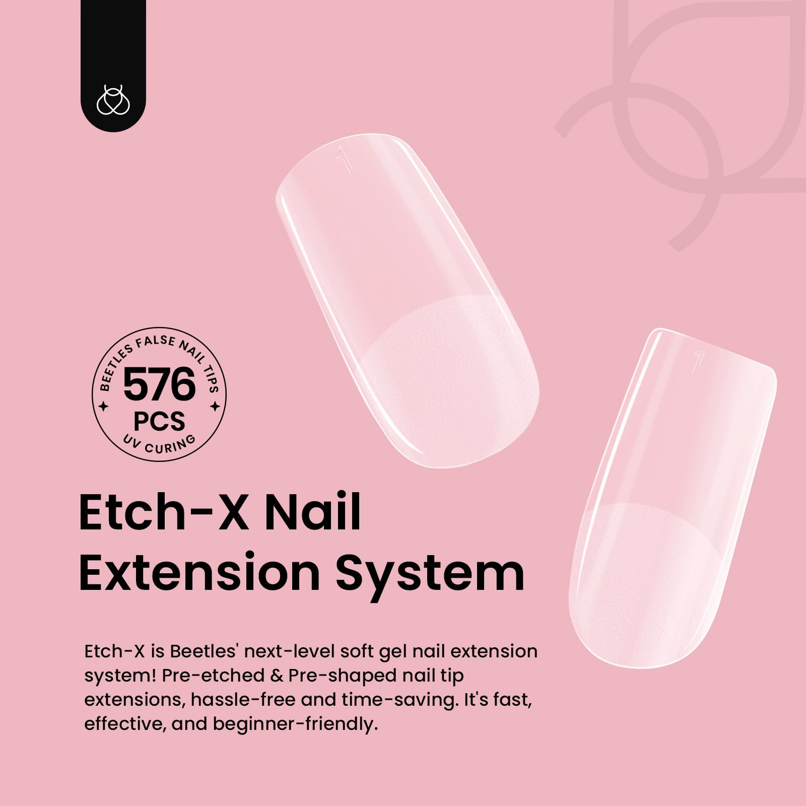 Beetles Gel Nail Tips Etch-X tips closeup reveals square-short shape for quick DIY nails.