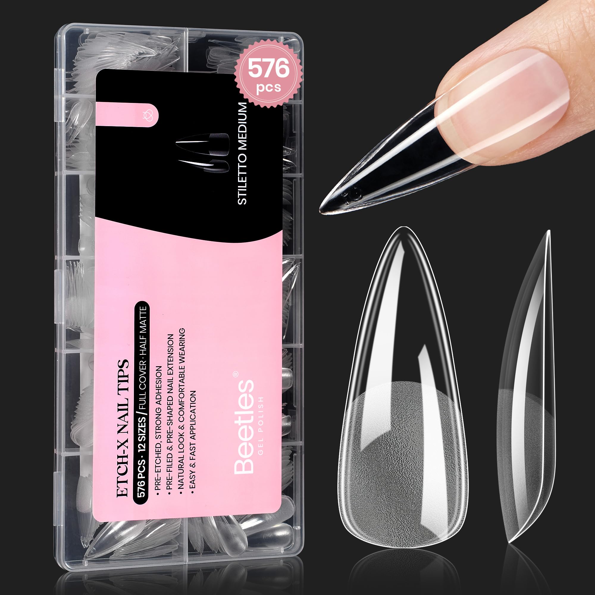 Beetles Gel Nail Tips Etch-X stiletto set shows 576pcs in 12 sizes for DIY extensions
