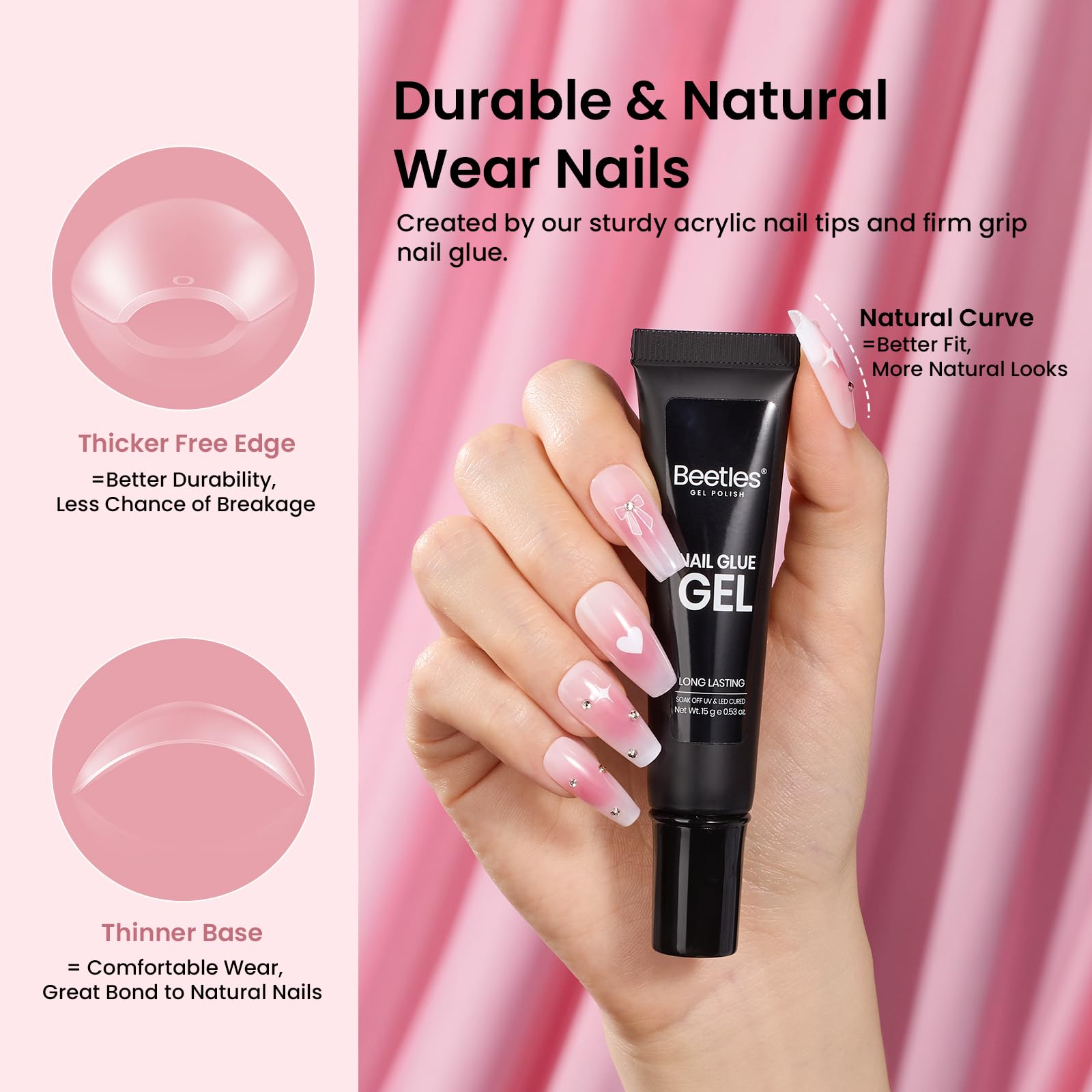 Beetles Nail Tips half-matte coffin closeup with 12 sizes for perfect fit.
