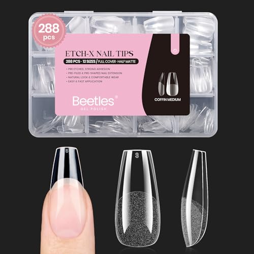 Beetles Gel Nail Tips Etch X pack front—durable pre-shaped coffin tips for DIY manicure.
