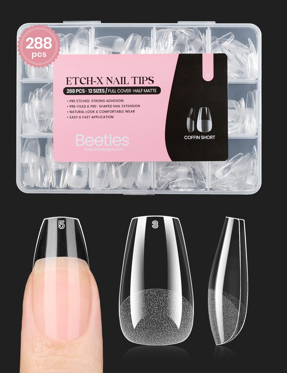 Beetles gel nail tips coffin 288-piece pack designed for easy at-home extensions