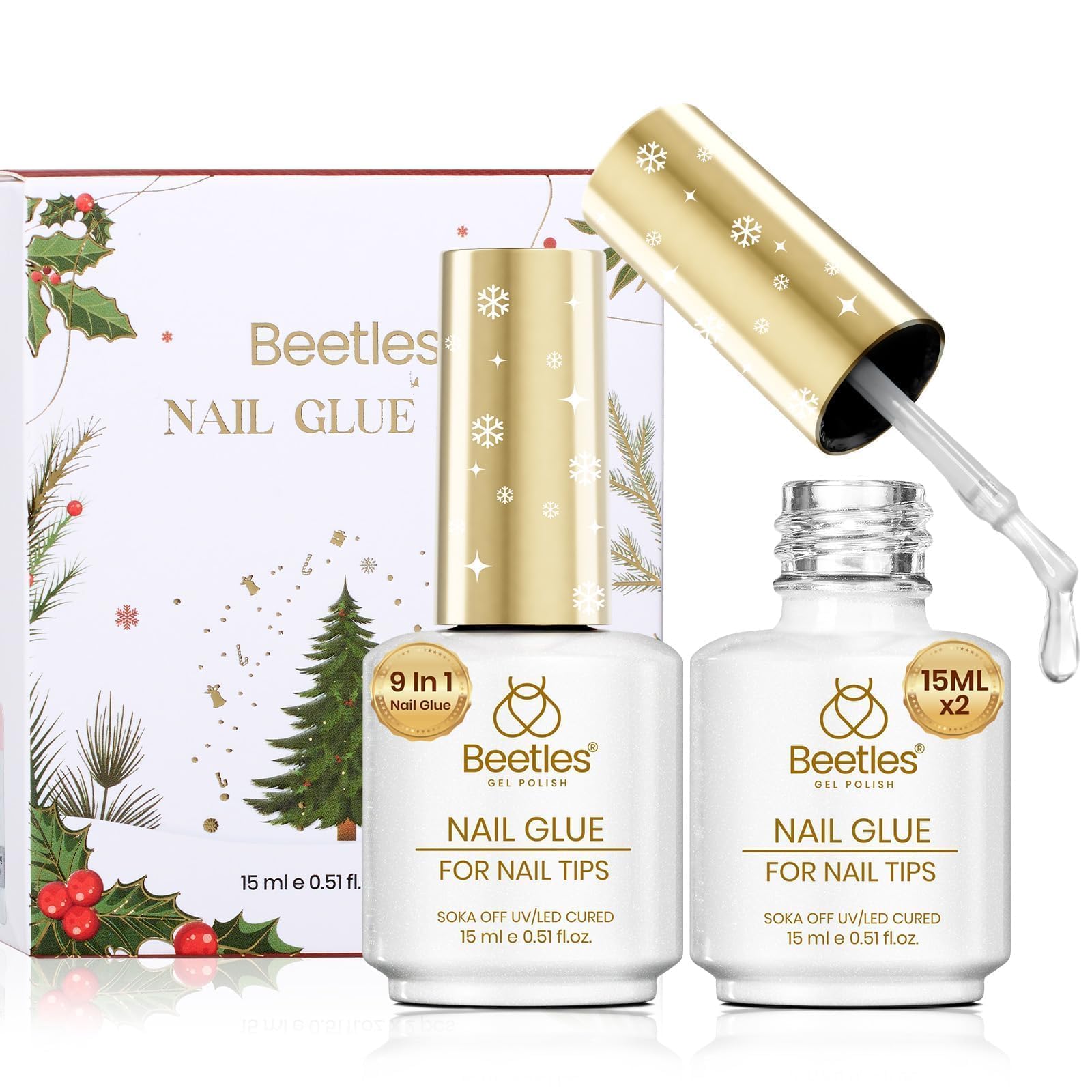 Beetles Gel Polish 2pcs 15ml nail glue bottles for precise, mess-free tip adhesion.