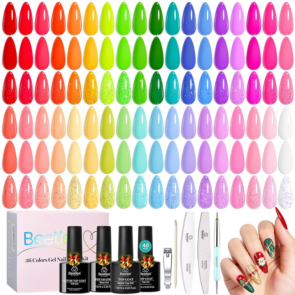 Beetles Gel Polish 36-color neon rainbow swatches show vibrant options for creative nails.