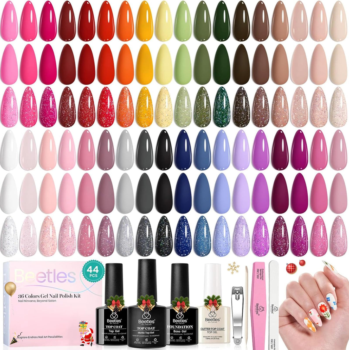 Beetles Gel Polish 36-color set swatches show vibrant winter hues for DIY manicures.