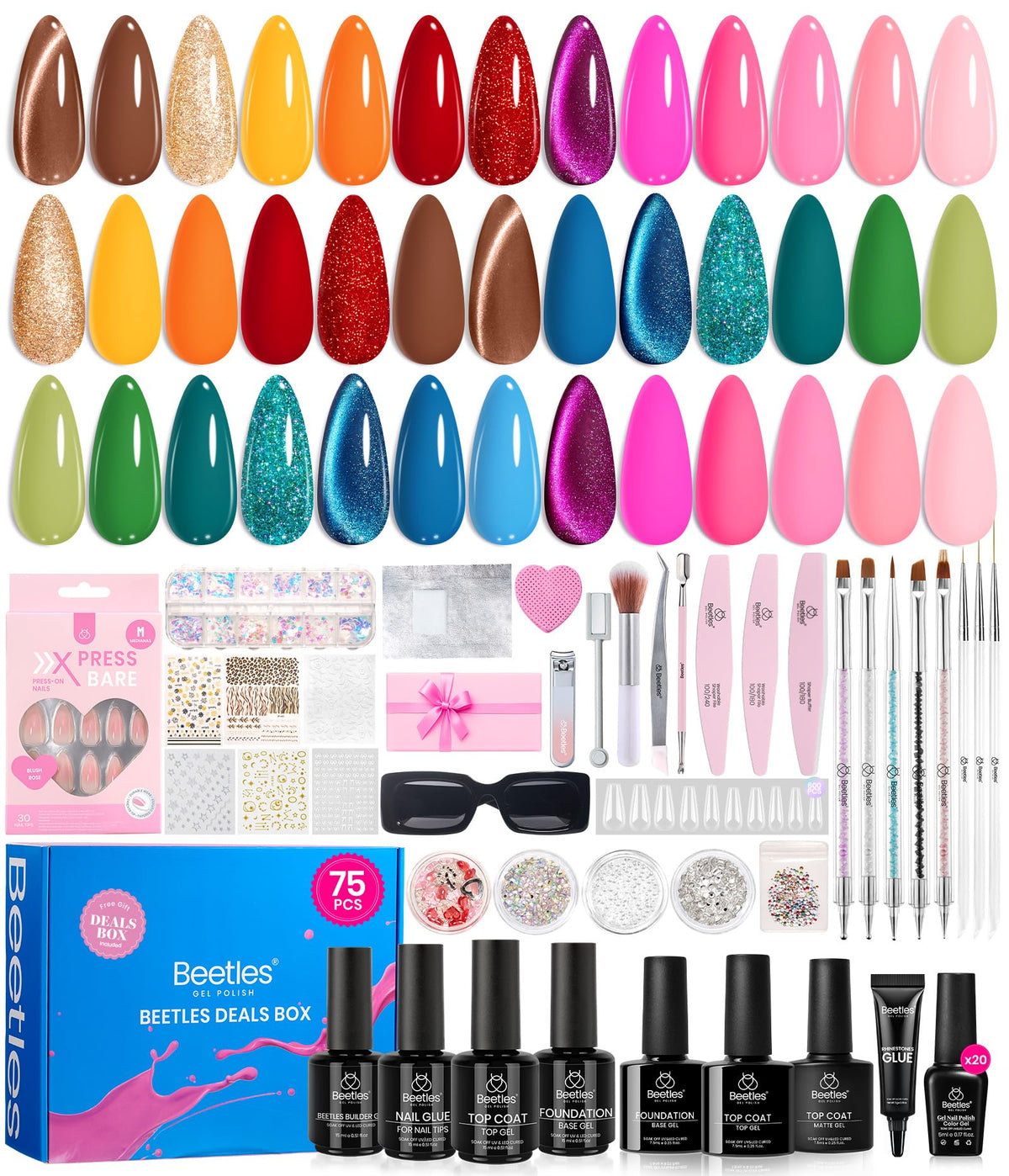 Beetles Gel Polish 75 PCS Deal Box front view with 20 winter colors for at-home nail art